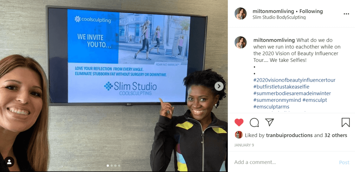 Instagram Miltonmomliving posting about Slim Studio Body Sculpting