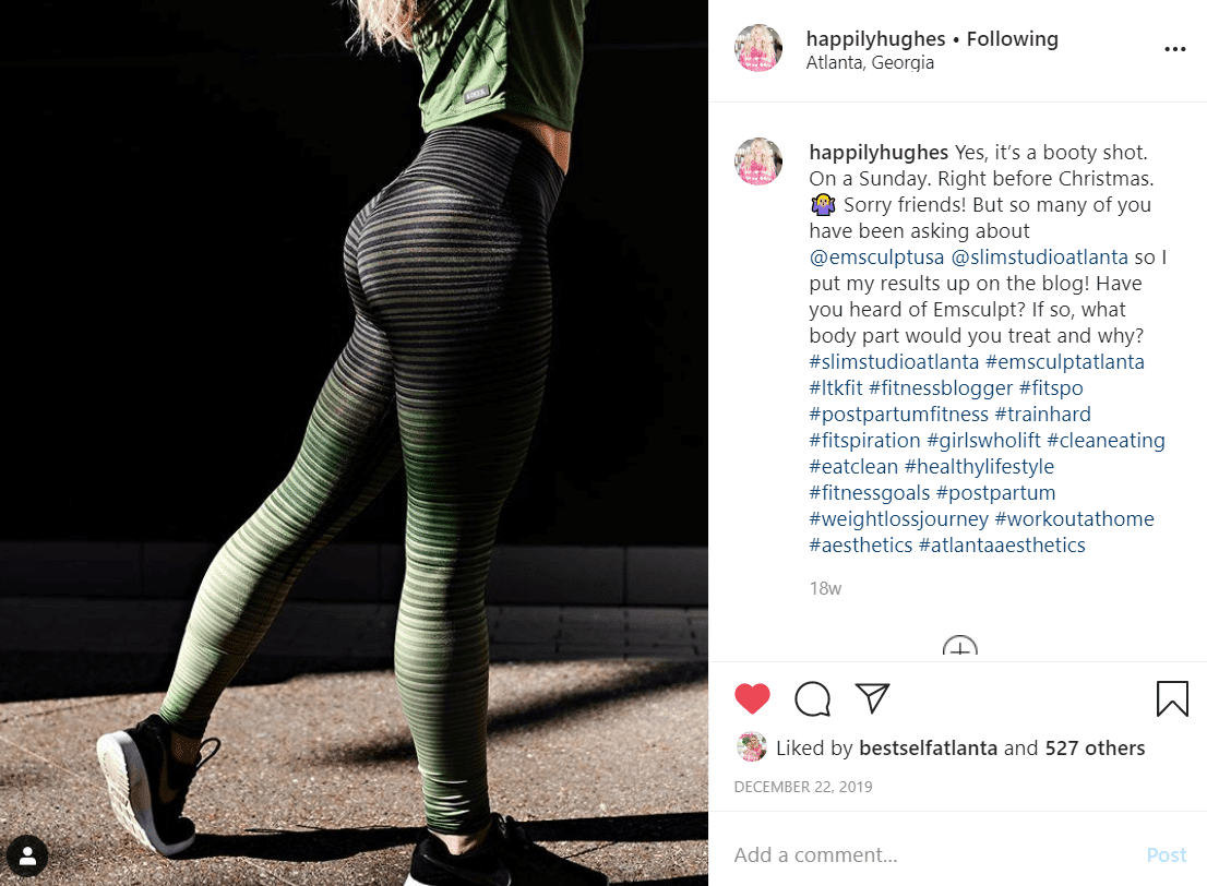 Influencer Jessica Hughes posting about Slim Studio Atlanta